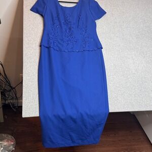 R&M Richards Royal Blue Dress Embellished Flower Design Size 16 Special Occasion